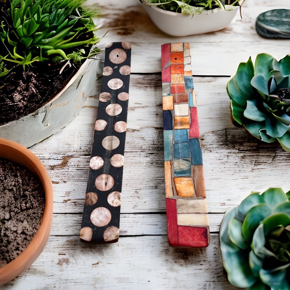 Handmade Set of 2 Wood Incense Holders Mosaic Inlay Ash Catcher